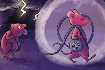 A graphic of two mice representing one mouse's fear and another mouse's calmness towards gut bacteria.